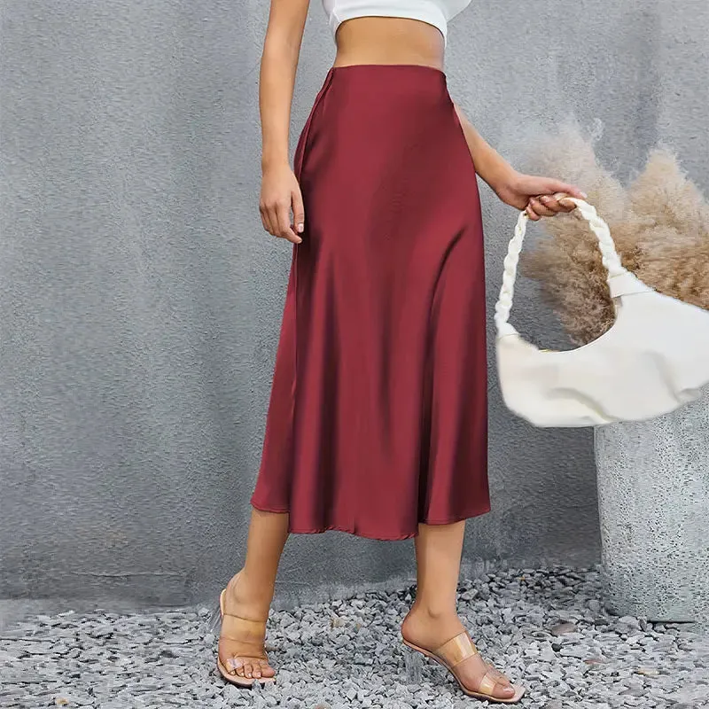 Women's Pencil Ruched Satin Fashion Designer Skirts (Midi)