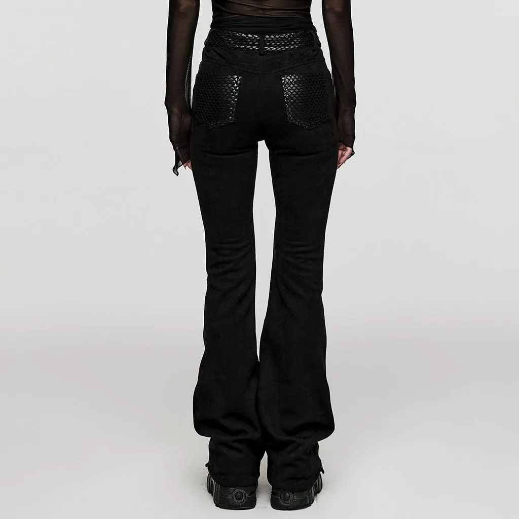 Women's Punk Mesh Splice Faux Leather Flared Pants