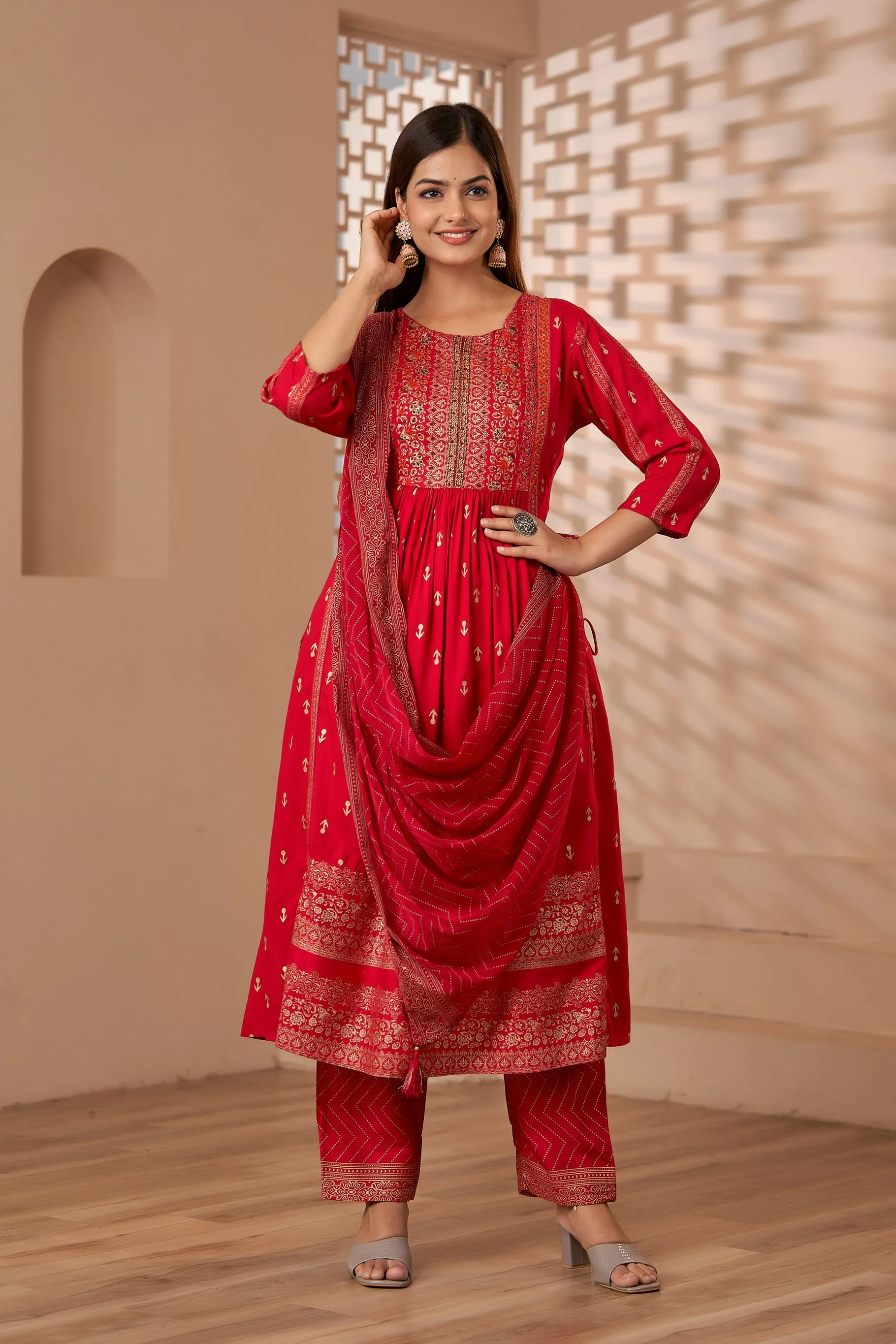 Womens Rayon Rani Pink Nyara Cut A-Line Kurta Pant and Dupatta Set