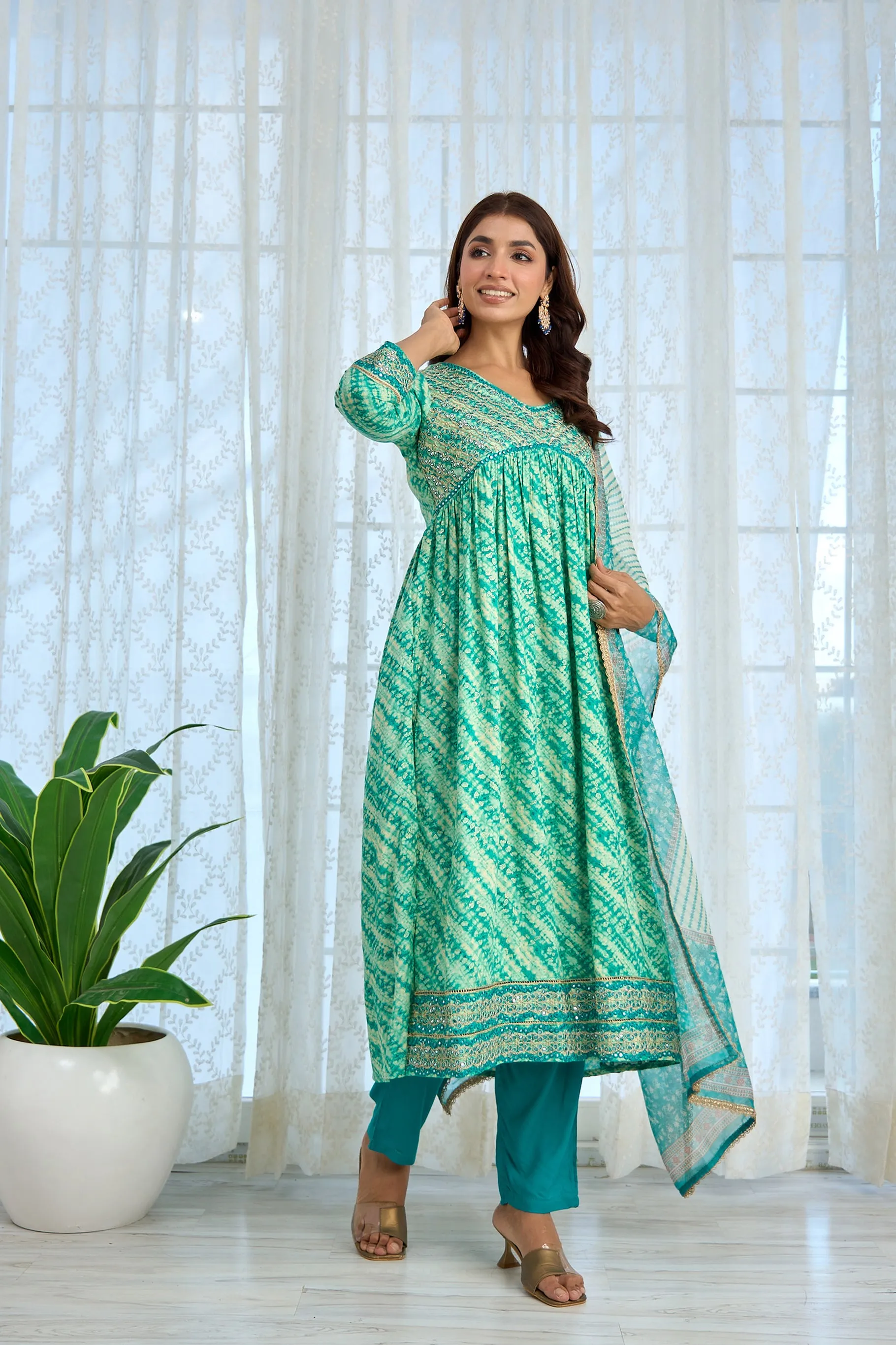 Womens Rayon Turquoise Alia Cut A-Line Kurta Pant and Dupatta With Fancy Potli Set