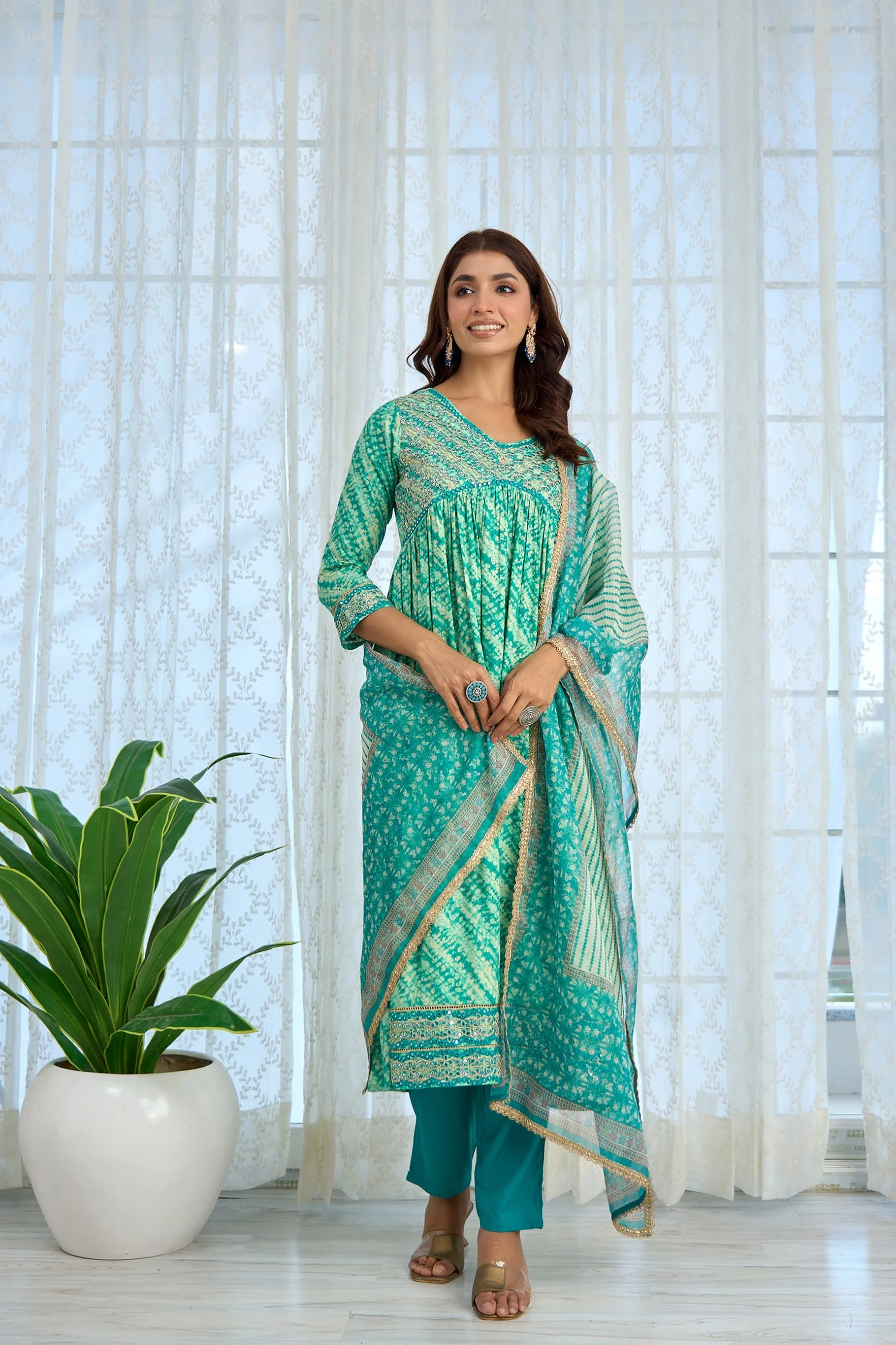 Womens Rayon Turquoise Alia Cut A-Line Kurta Pant and Dupatta With Fancy Potli Set