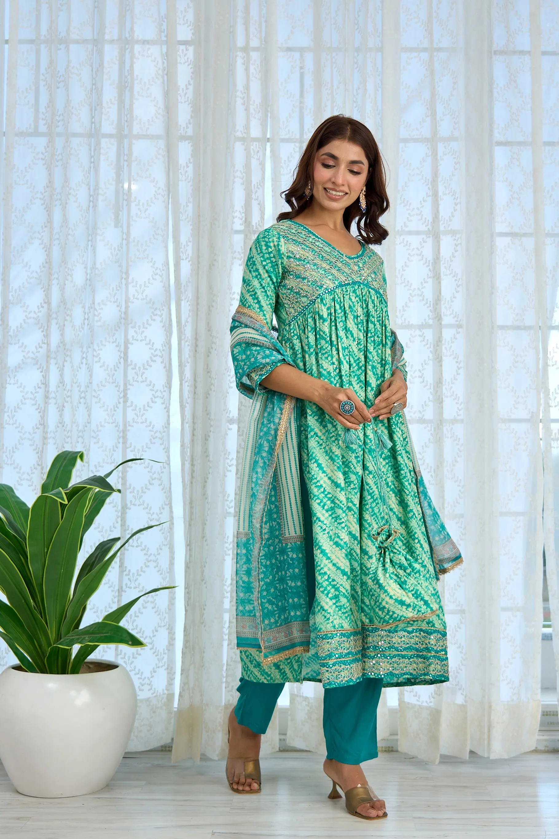 Womens Rayon Turquoise Alia Cut A-Line Kurta Pant and Dupatta With Fancy Potli Set