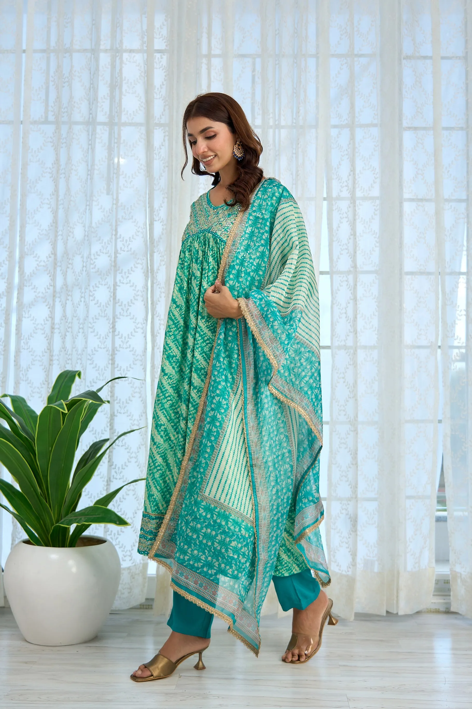 Womens Rayon Turquoise Alia Cut A-Line Kurta Pant and Dupatta With Fancy Potli Set