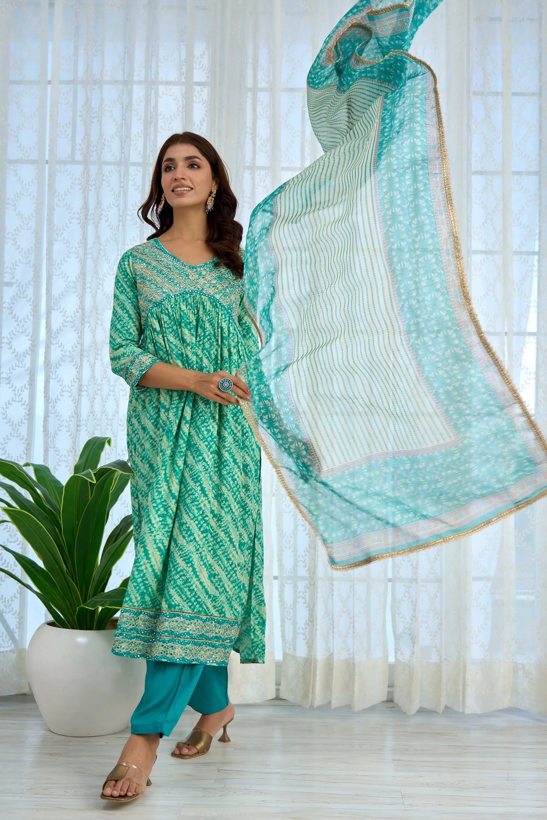 Womens Rayon Turquoise Alia Cut A-Line Kurta Pant and Dupatta With Fancy Potli Set