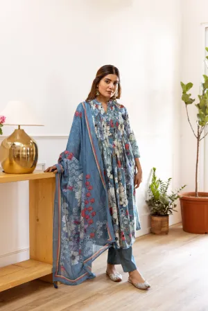 Women's Sky Blue cotton Kurta Pant and Dupatta Set