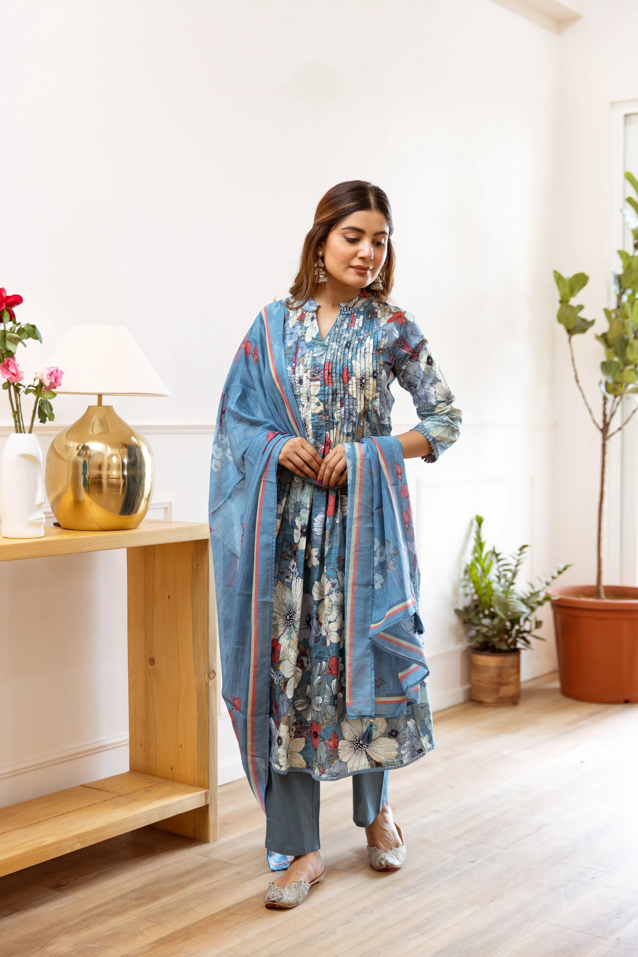 Women's Sky Blue cotton Kurta Pant and Dupatta Set