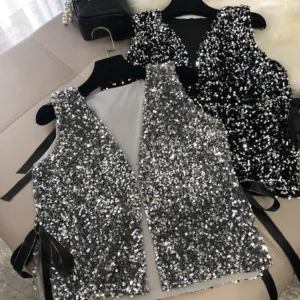 Women's Stylish Silver sparkling V-Neck sequin vest