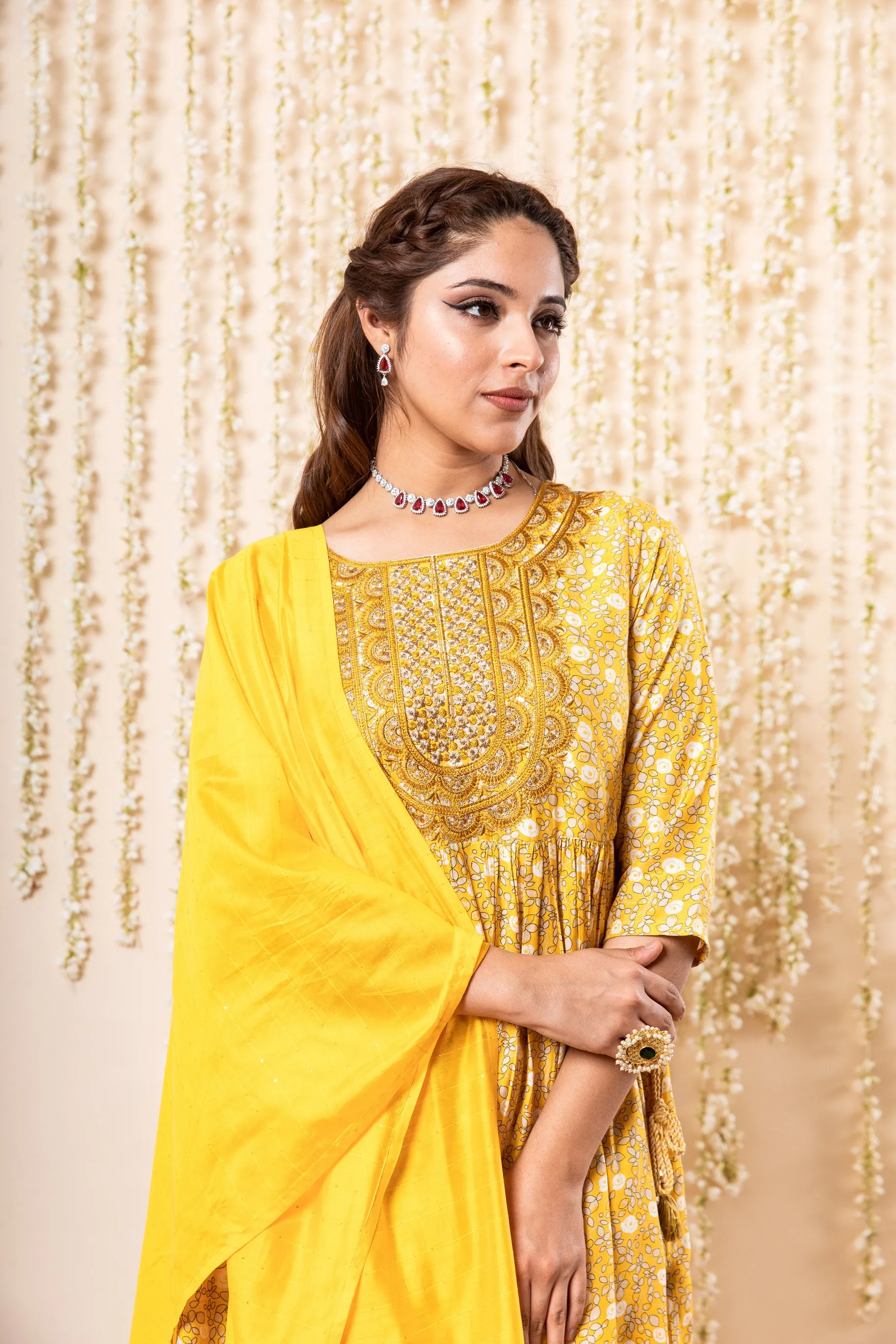 Womens Viscose Muslin Yellow Nyara Cut A-Line Kurta Pant and Dupatta Set