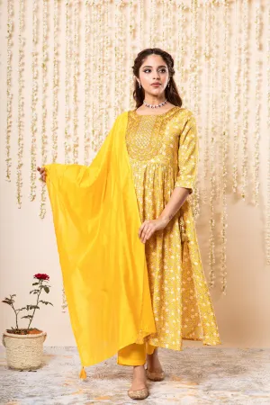 Womens Viscose Muslin Yellow Nyara Cut A-Line Kurta Pant and Dupatta Set