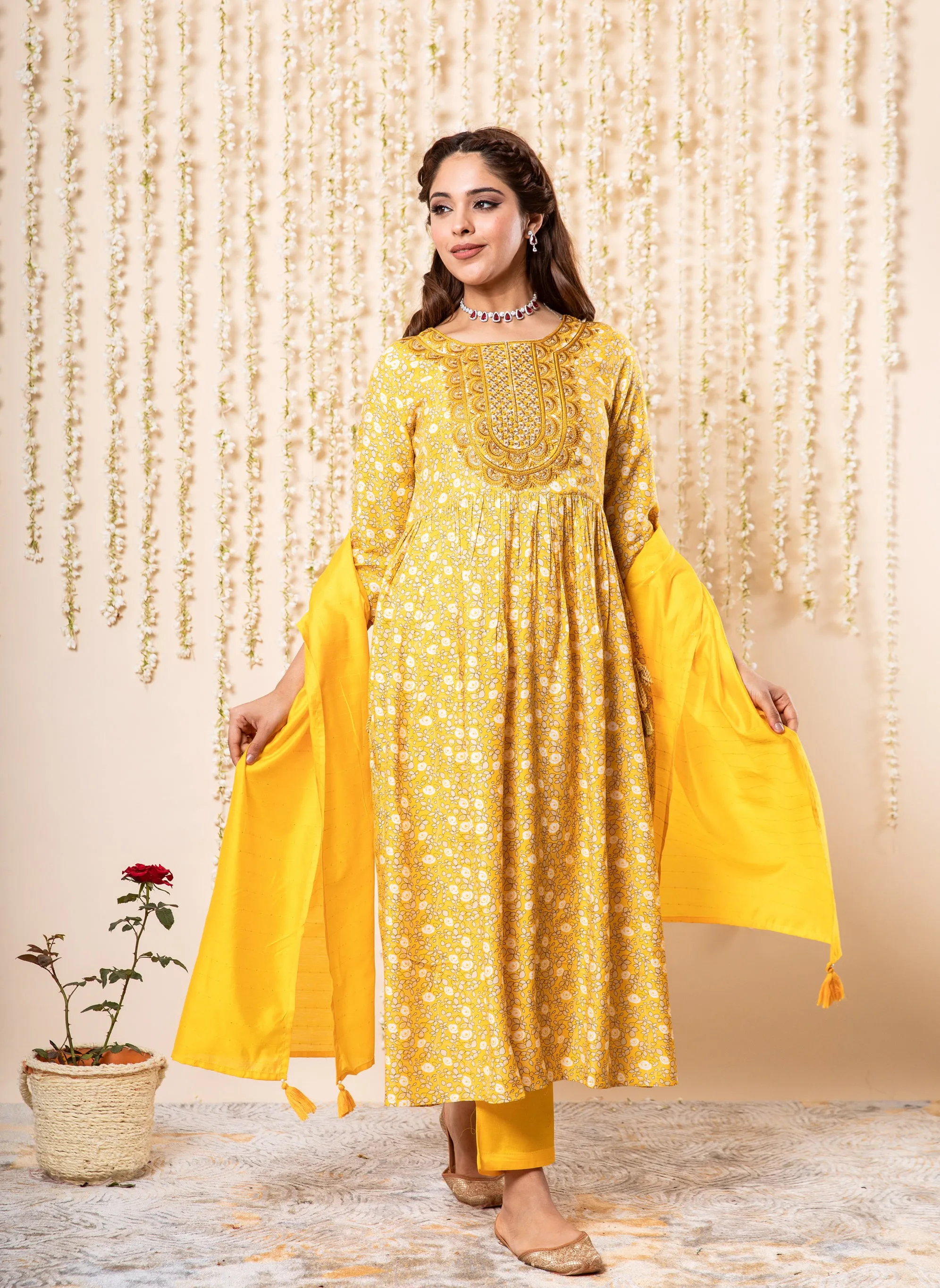 Womens Viscose Muslin Yellow Nyara Cut A-Line Kurta Pant and Dupatta Set