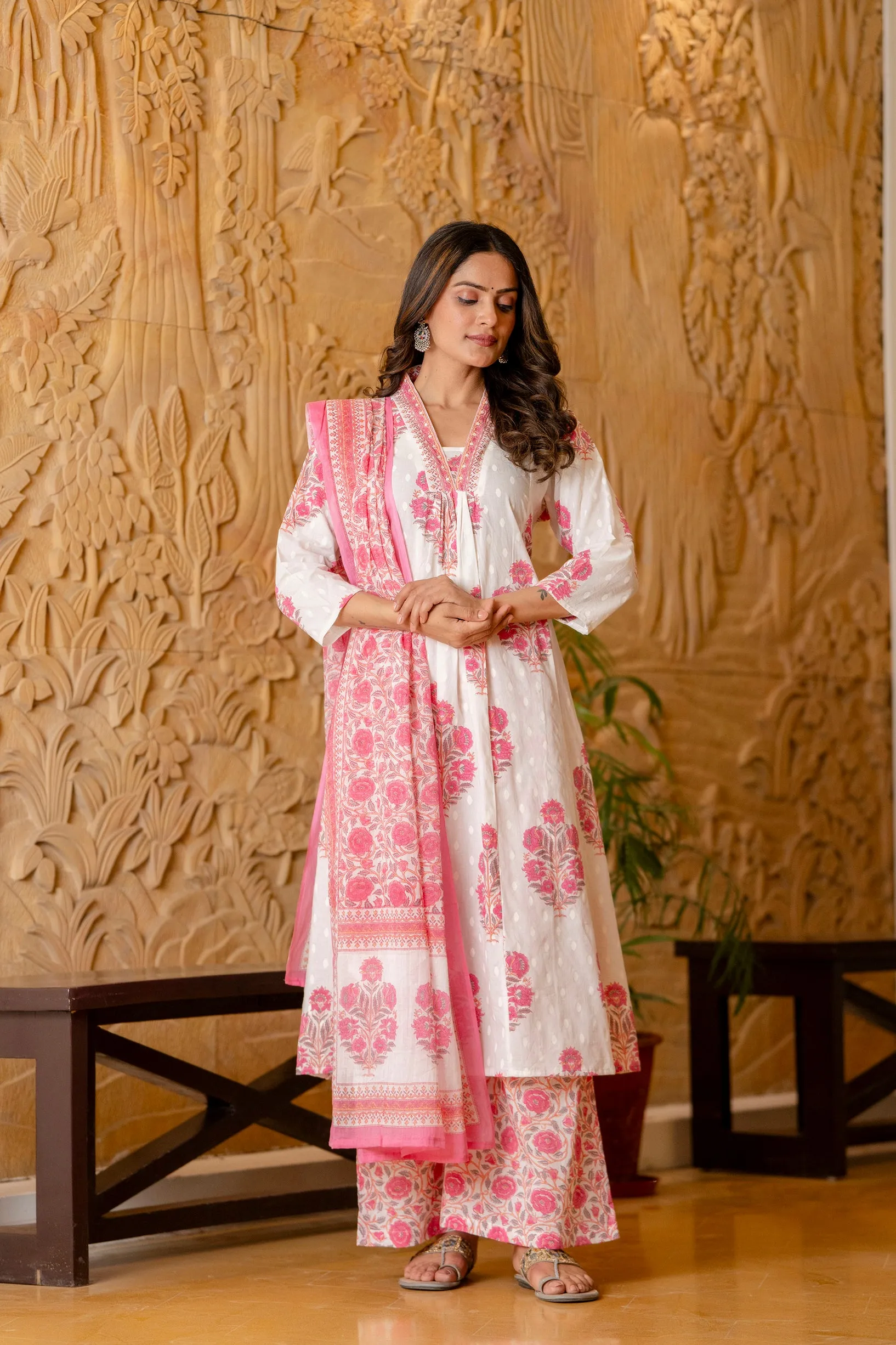 Women's White and Pink Cotton Kurta, Palazzo & Dupatta Set