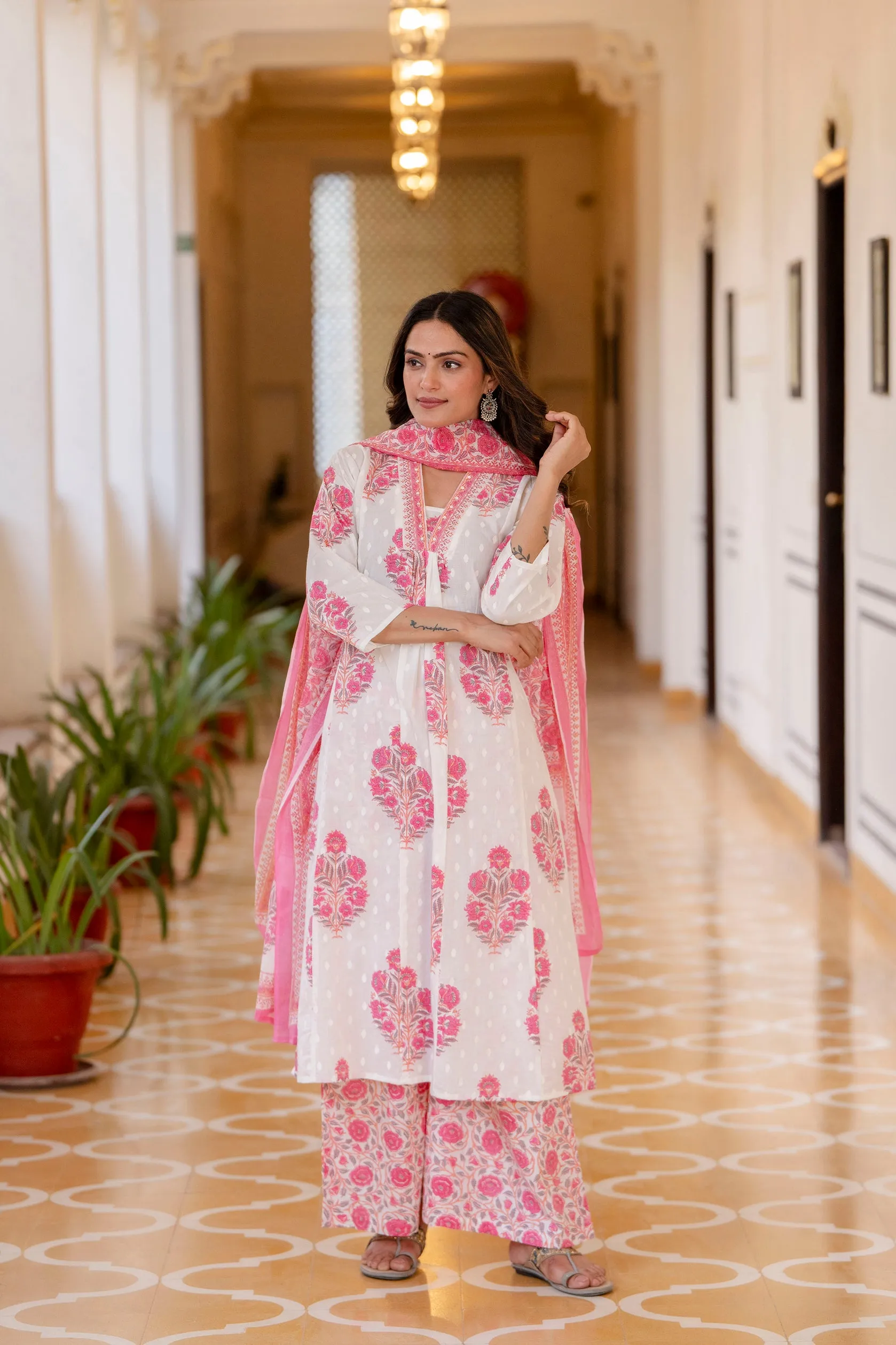 Women's White and Pink Cotton Kurta, Palazzo & Dupatta Set