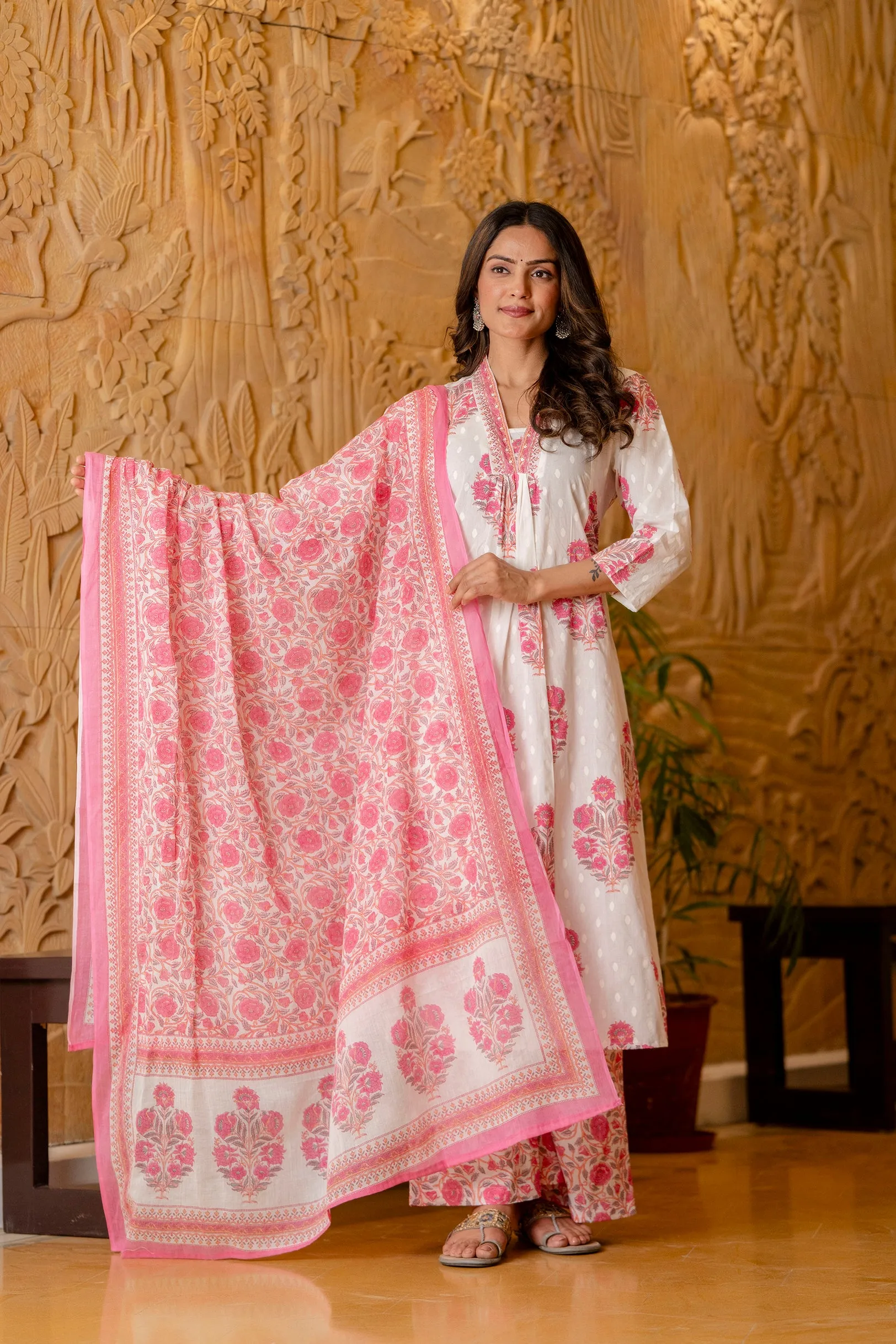 Women's White and Pink Cotton Kurta, Palazzo & Dupatta Set