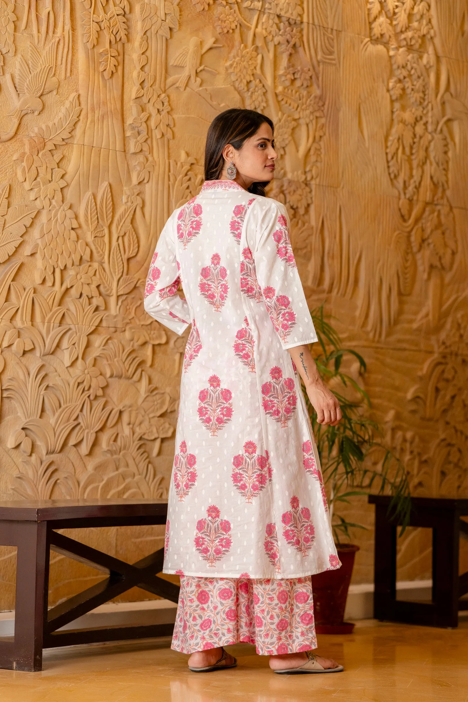 Women's White and Pink Cotton Kurta, Palazzo & Dupatta Set