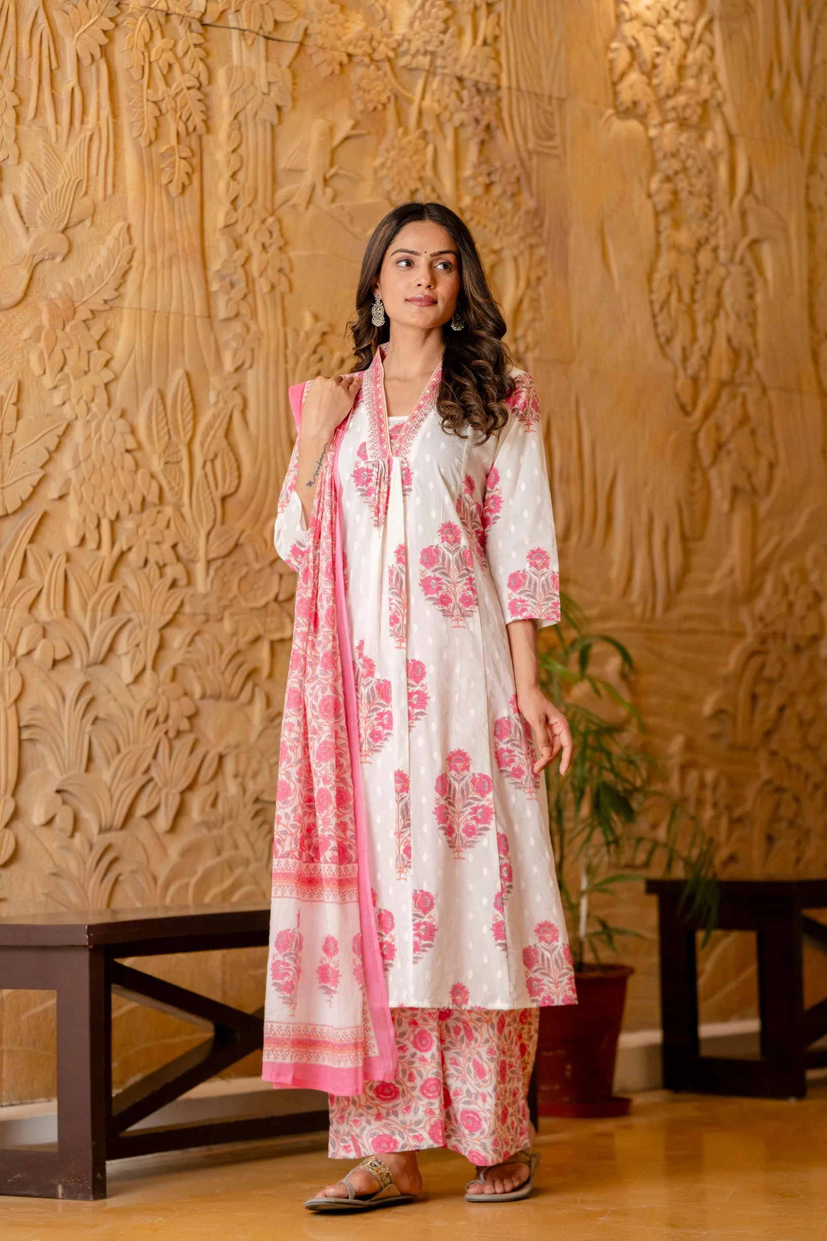 Women's White and Pink Cotton Kurta, Palazzo & Dupatta Set