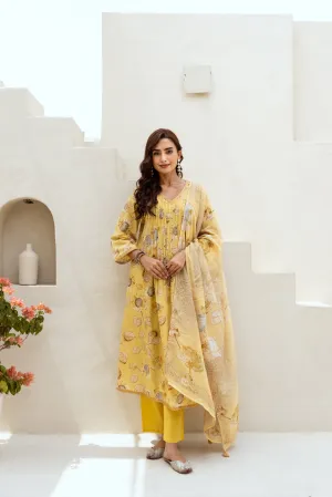 Women's Yellow Cotton Kurta Pant and Dupatta Set