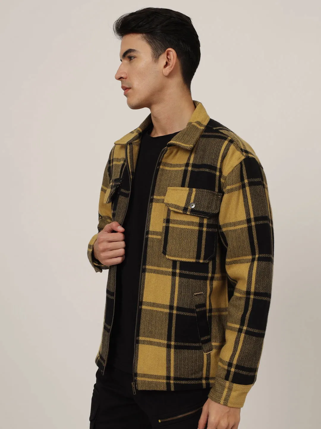 Wool check shacket yellow black