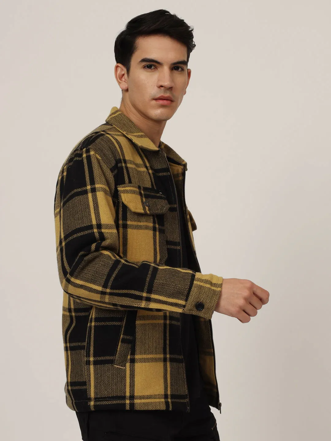 Wool check shacket yellow black