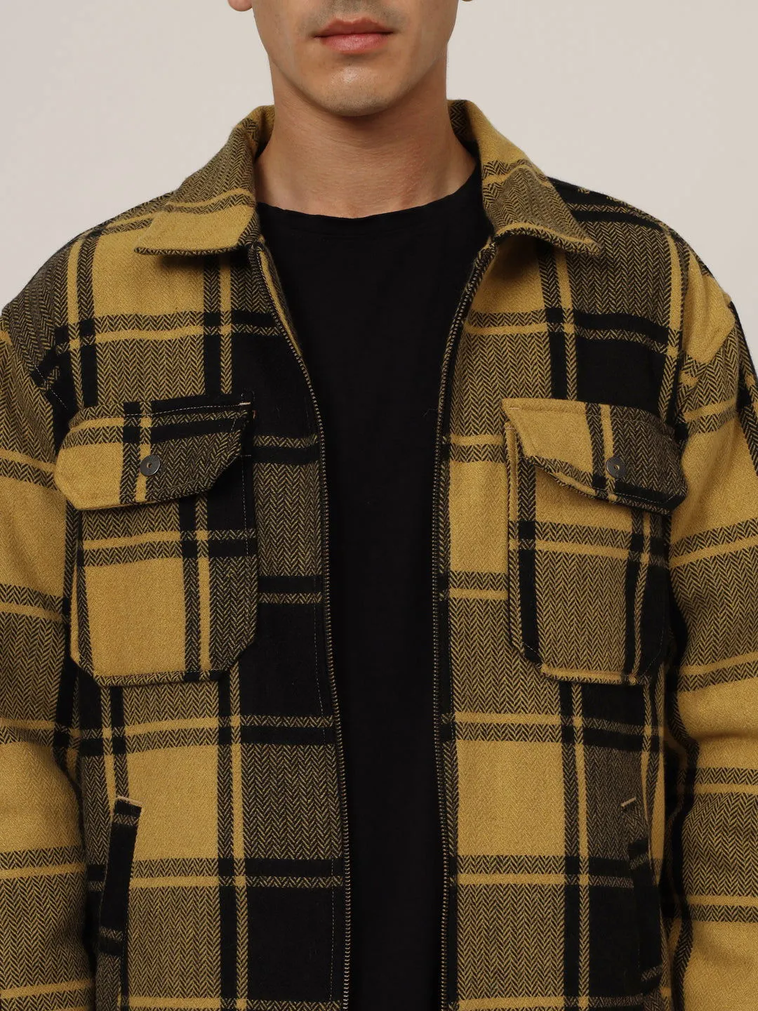 Wool check shacket yellow black