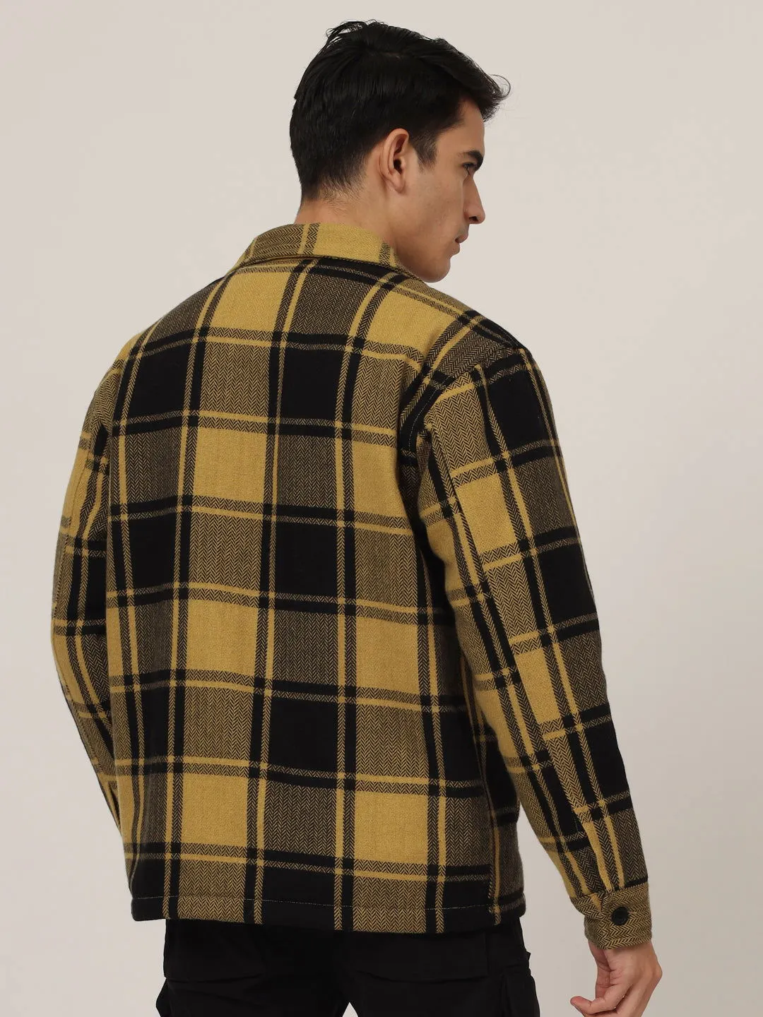 Wool check shacket yellow black