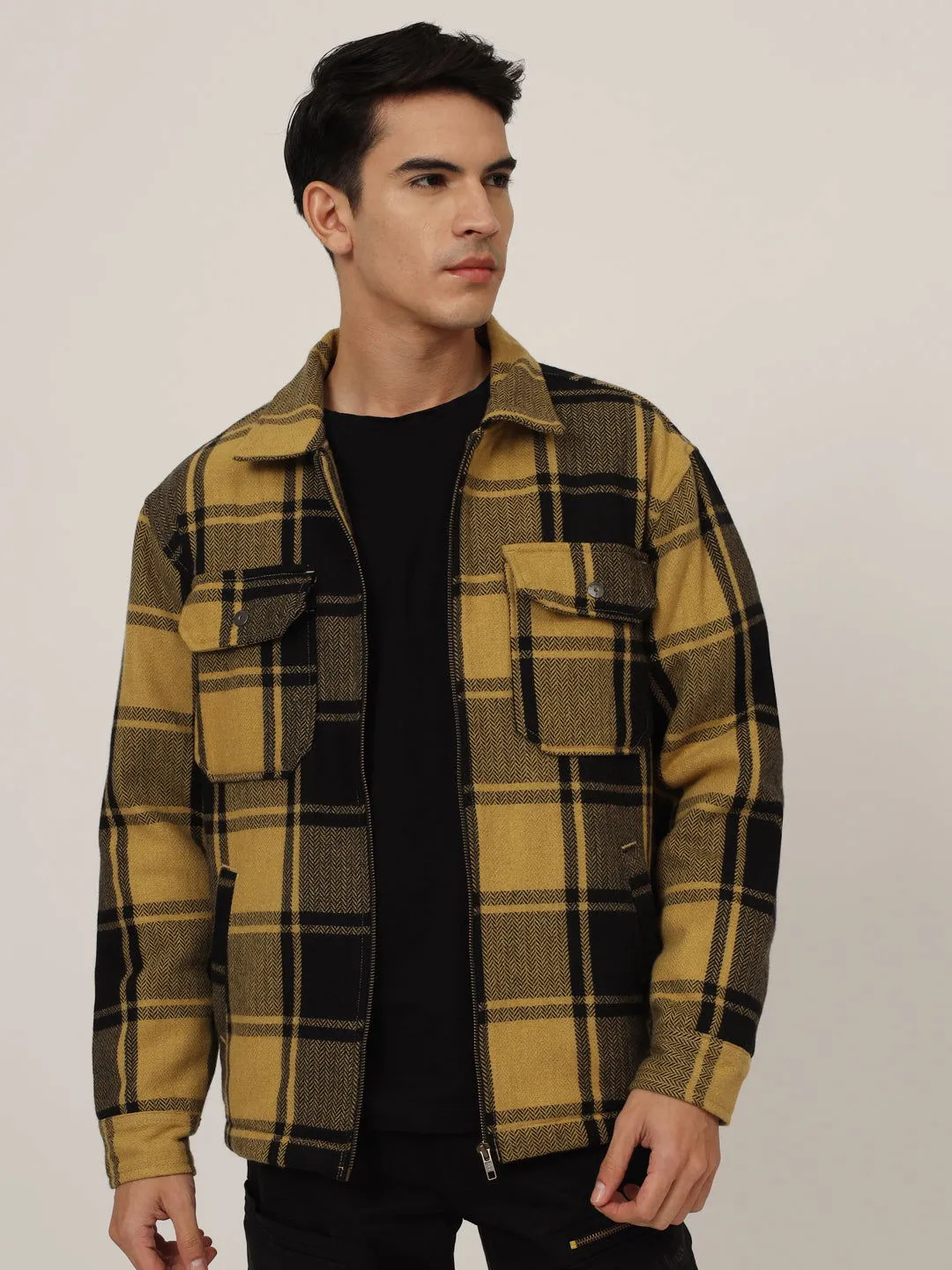 Wool check shacket yellow black