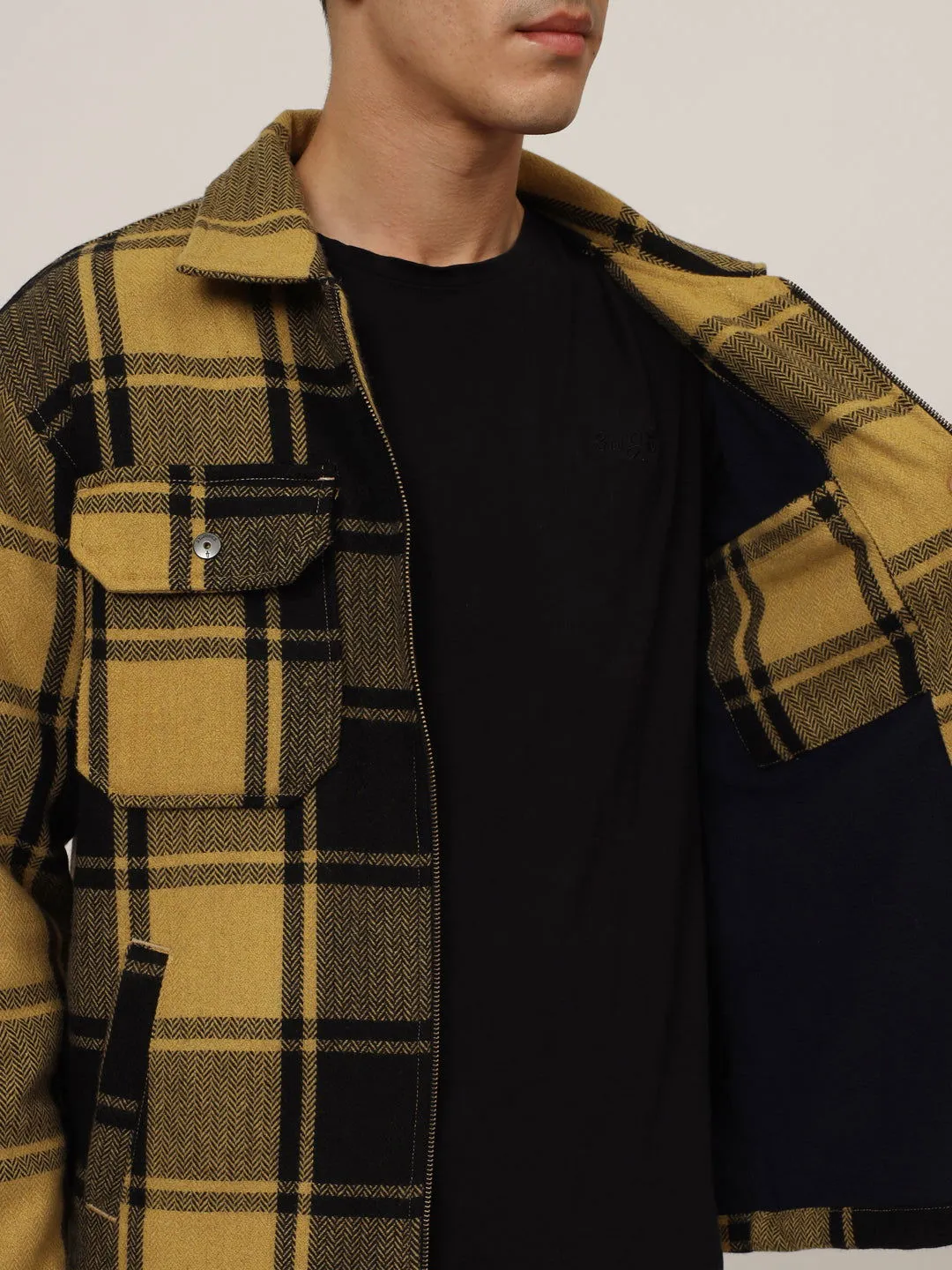 Wool check shacket yellow black