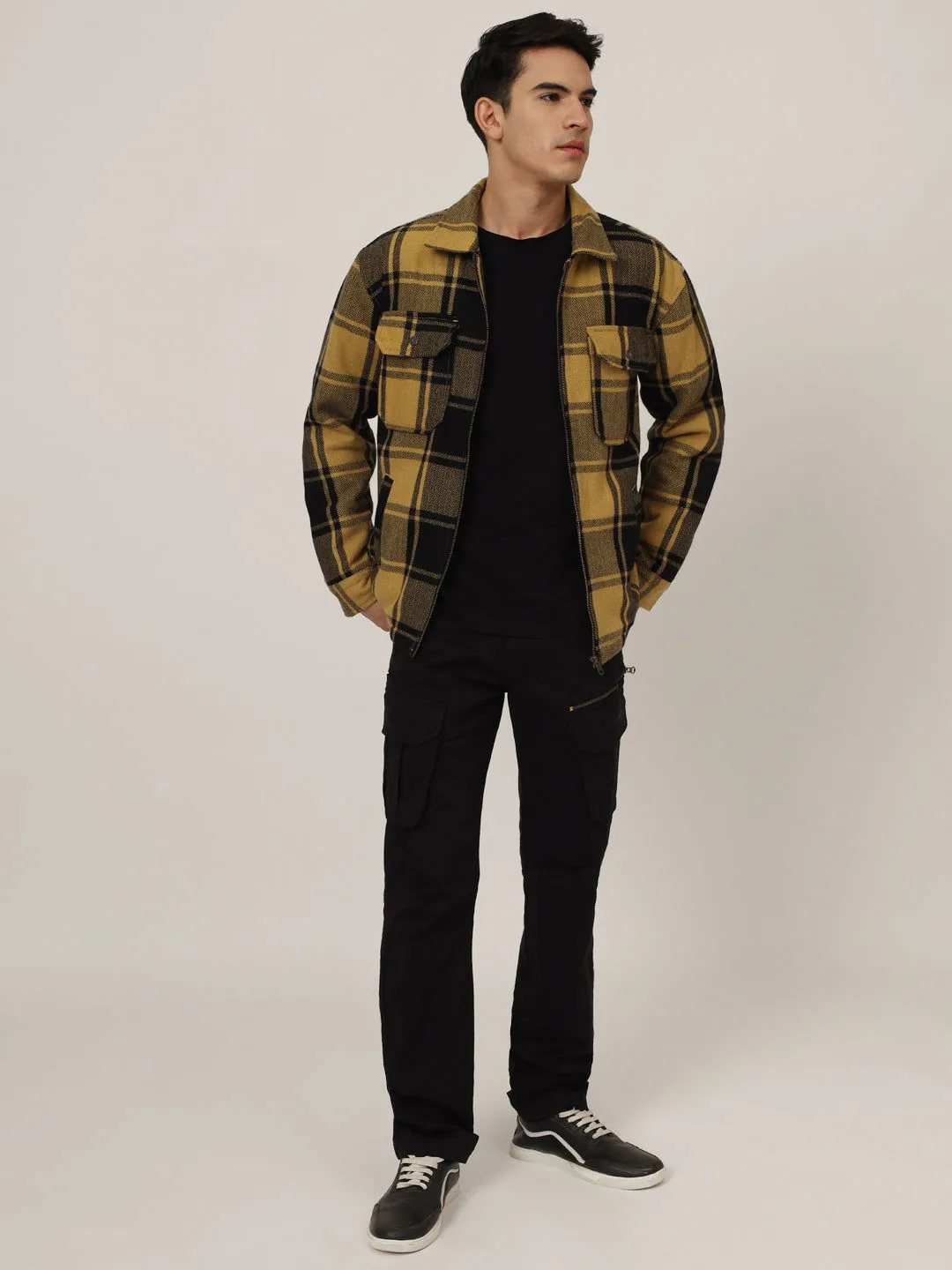 Wool check shacket yellow black