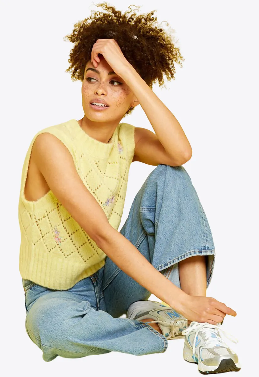 Yellow Knitted Vest Jumper with Floral Embroidery