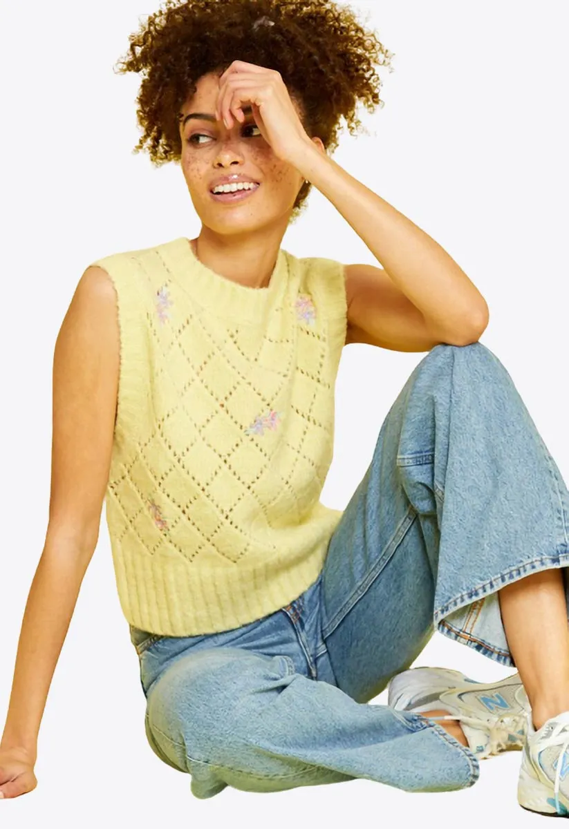 Yellow Knitted Vest Jumper with Floral Embroidery