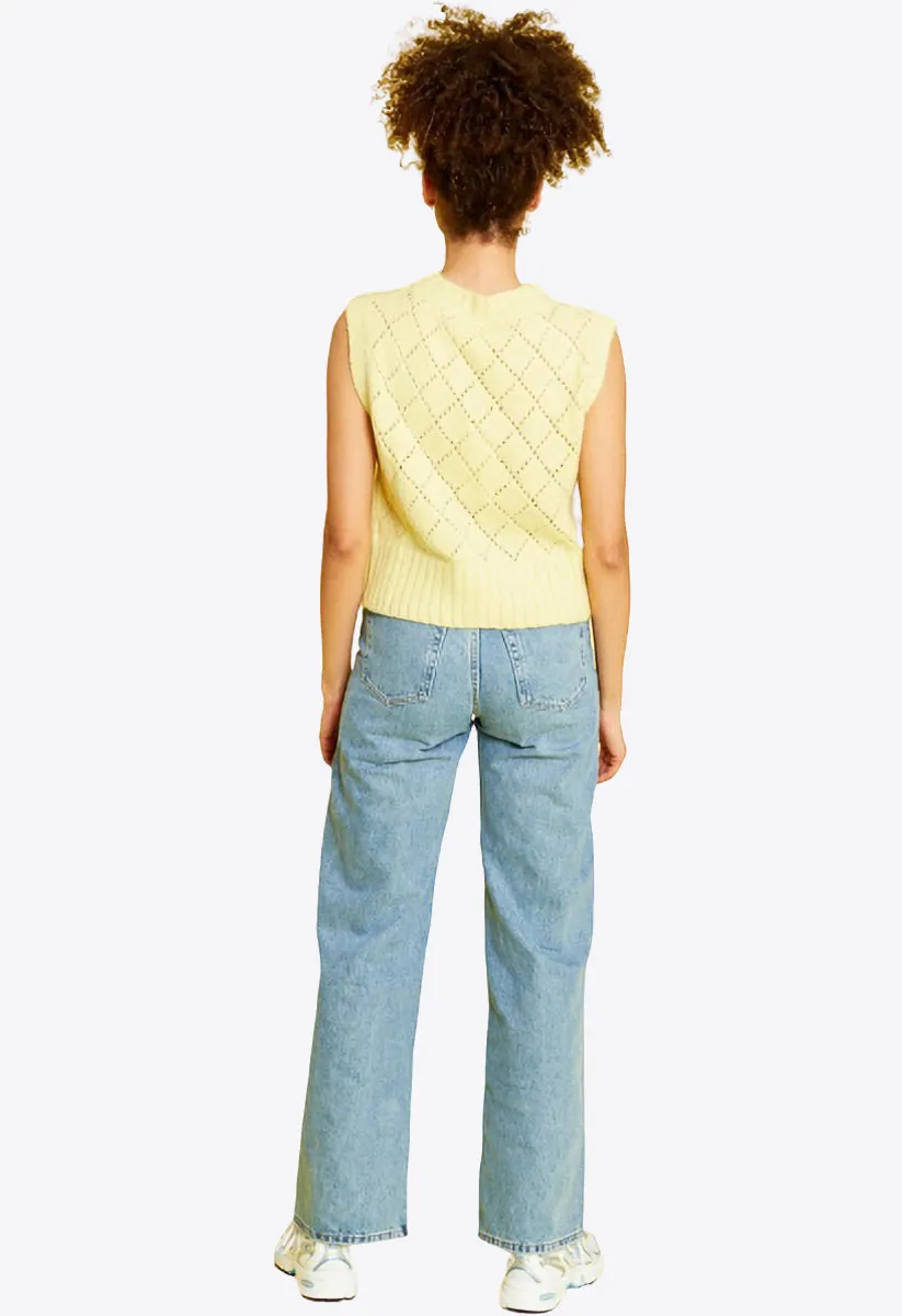 Yellow Knitted Vest Jumper with Floral Embroidery