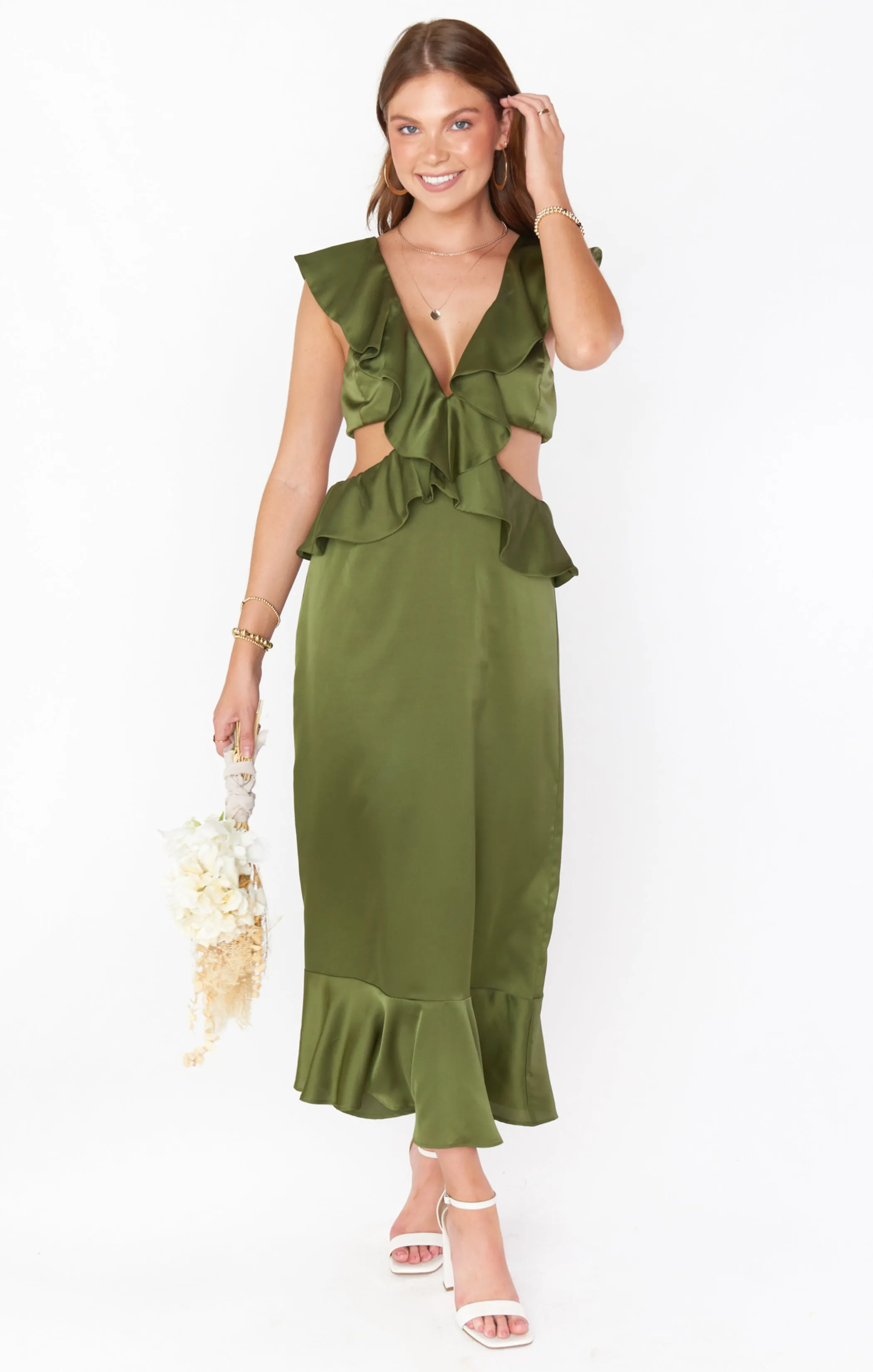 Zoey Midi Dress ~ Rich Olive Luxe Satin