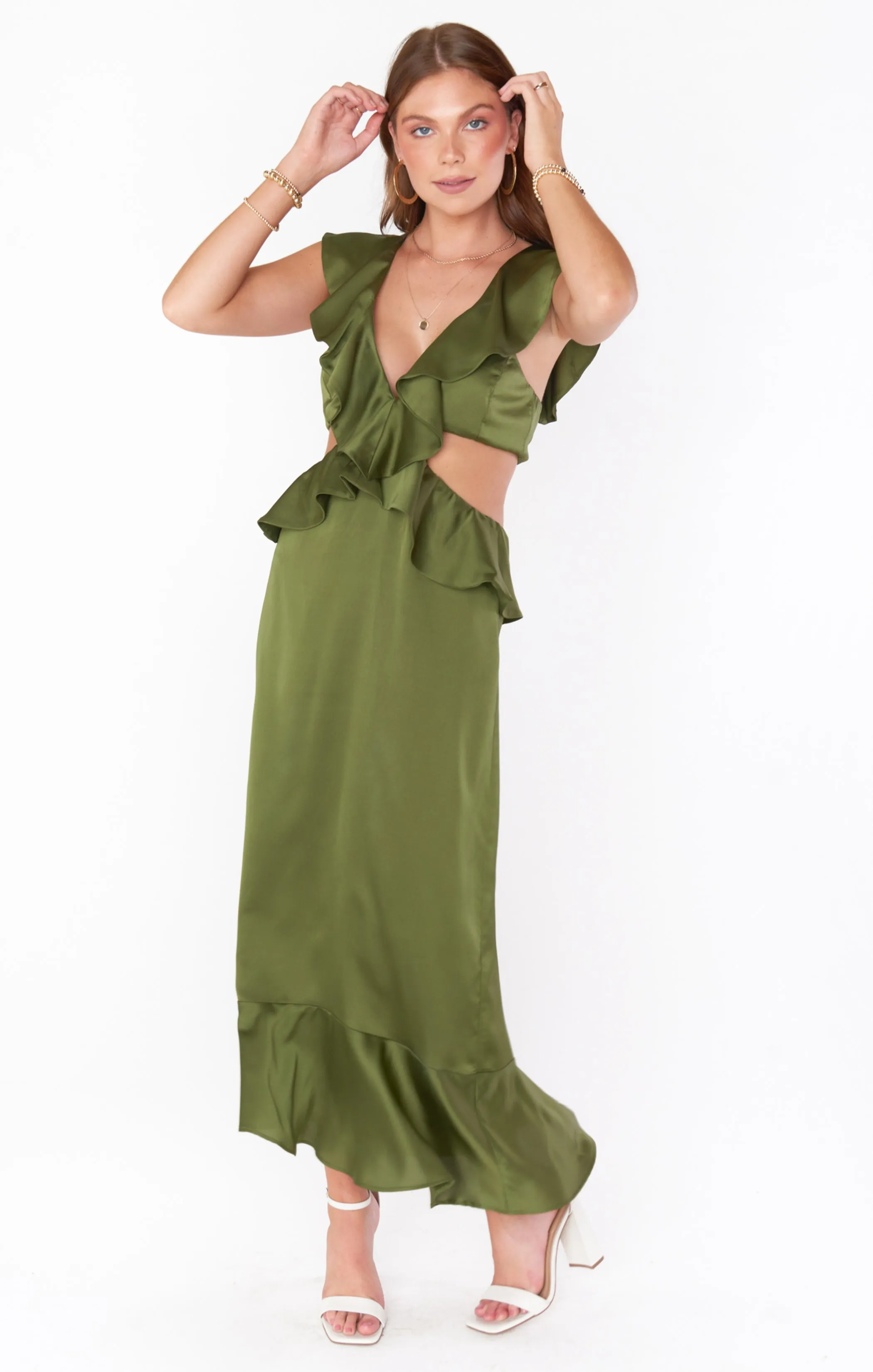 Zoey Midi Dress ~ Rich Olive Luxe Satin